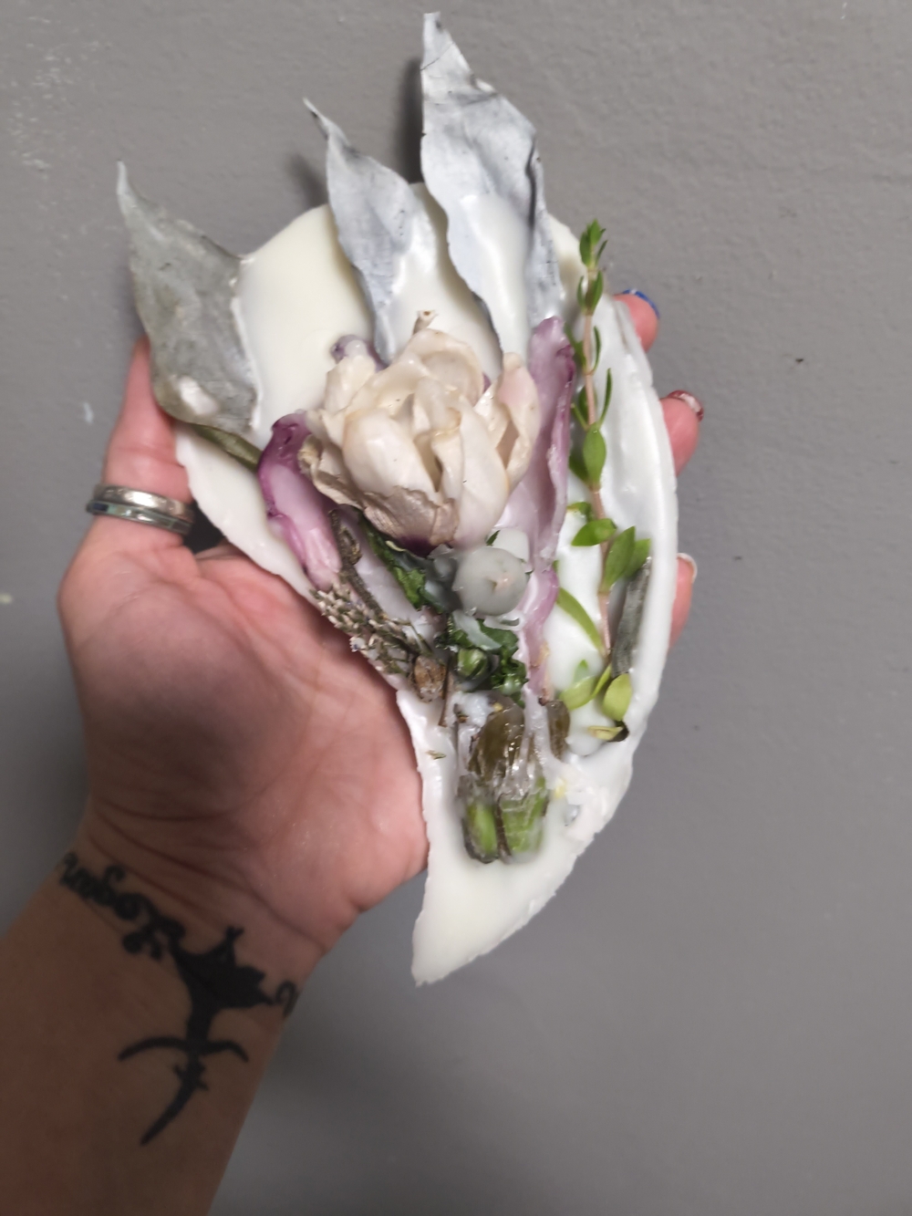 Handmade White Floral Decorative Shell with Green and Purple Accents